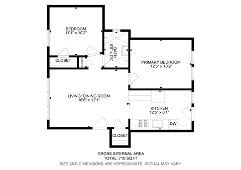 Floor plan for 2 beds, 1 bath, 710 sqft